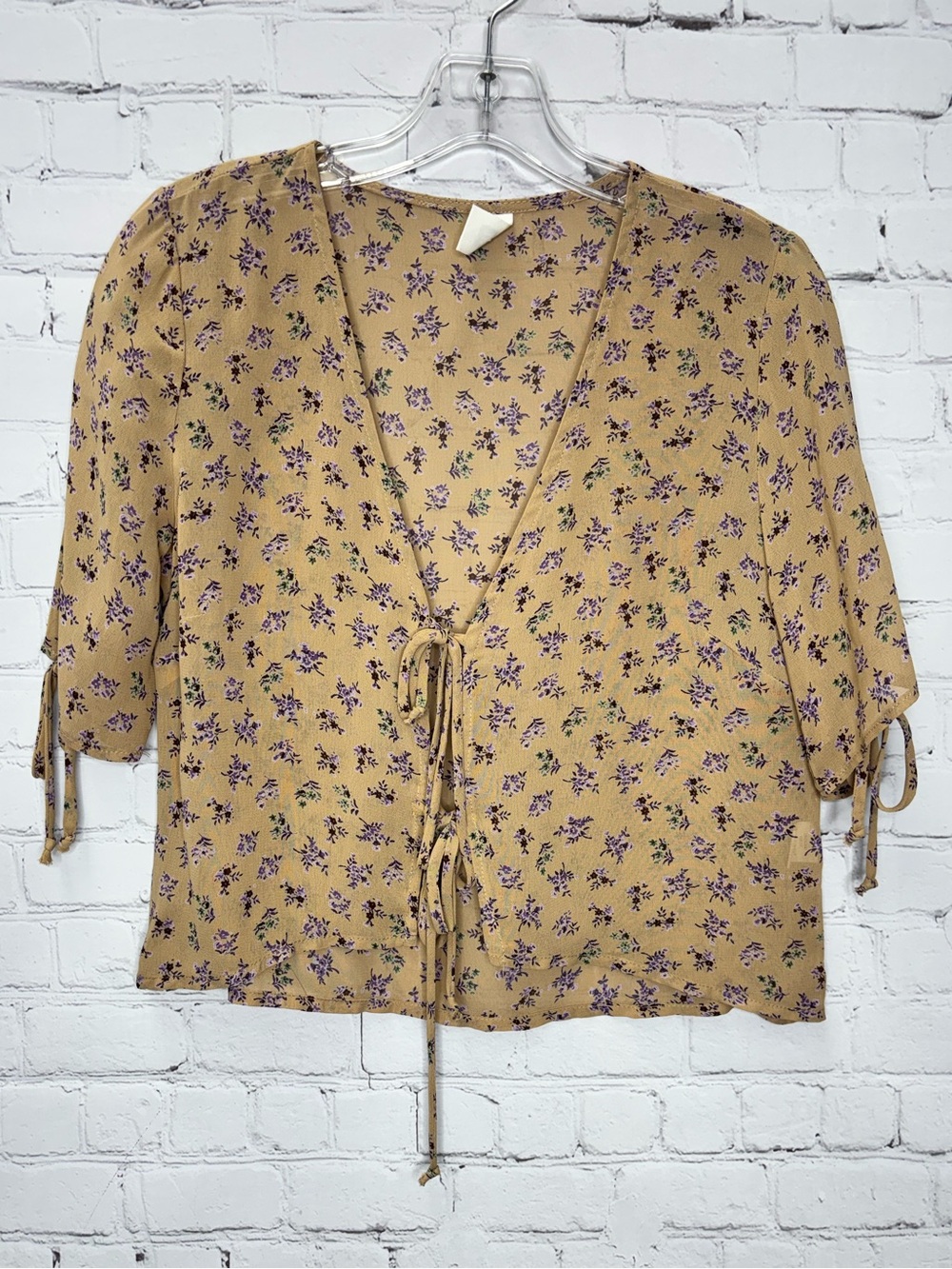 Me to We Free People Tie Front Tan and Purple Blouse
